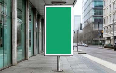 Blank green billboard in urban city street with modern buildings. Mockup for advertisement or promotional content. Outdoor signboard.