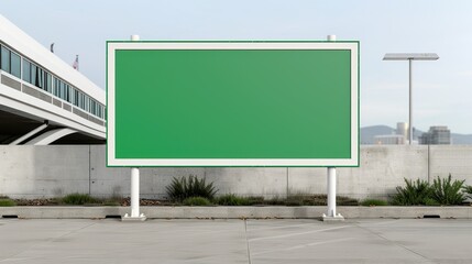Blank green billboard on a sidewalk near a modern building, ready for advertisement or promotional content in an urban environment.