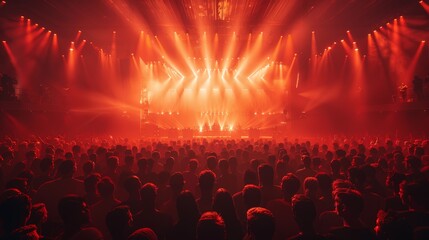 A crowded concert hall with scene stage in red lights, rock show performance, with people silhouette, colourful confetti explosion fired on dance floor during a concert festival.