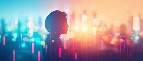 automated data tracking, business intelligence, performance metrics, focus on, bright hues, Double exposure silhouette with graphs