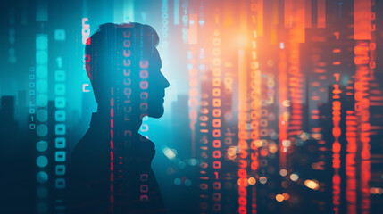 market gaps analysis, identifying opportunities, competitive landscape, close up, vibrant colors, Double exposure silhouette with bar chart