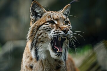Fototapeta premium Closeup of an impressive eurasian lynx midroar, showcasing its feral beauty
