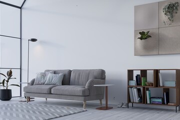 white stylish living room with cute sofa, 3d illustration