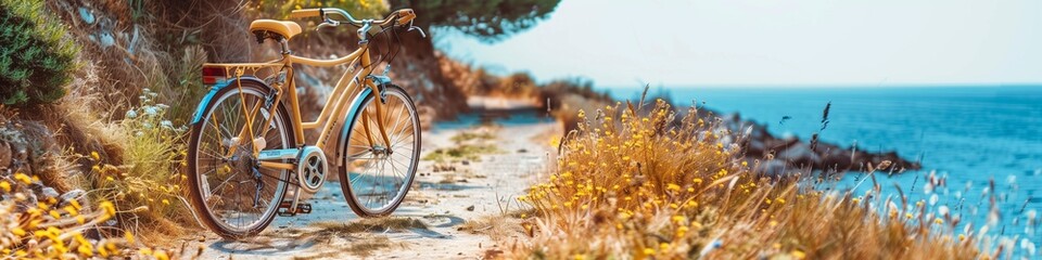 Fototapeta premium Stylish summer road trip with a yellow bicycle on a coastal path, perfect for adding summer text