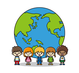 宙に浮いている線画の地球の前で微笑むさまざまな人種のかわいい子供たちのイラスト