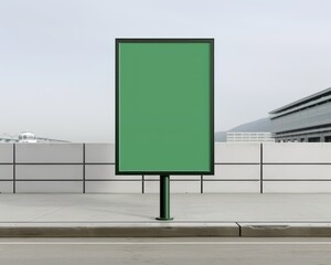 Urban setting with a blank green billboard, perfect for advertisement mockups and promotional design ideas.