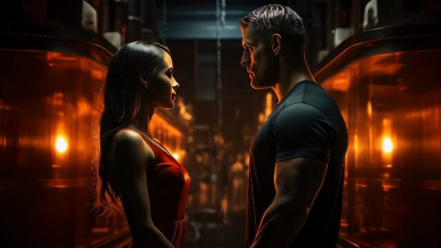 Man and woman stand facing each other in a dark room