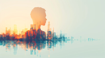 background with city, close up, vibrant colors, Double exposure silhouette with leadership team