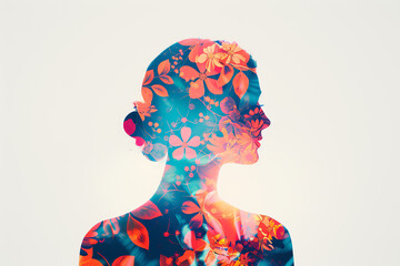 head silhouette with flowers close up, vibrant colors, Double exposure silhouette with leadership team