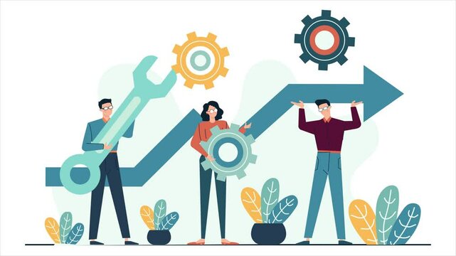 labor day illustration with people bring gearwheels and wrench business animated illustration video