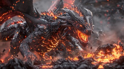 Naklejka premium Raging Elemental Dragon Unleashes Molten Lava Breath Amidst Volcanic Eruption Backdrop