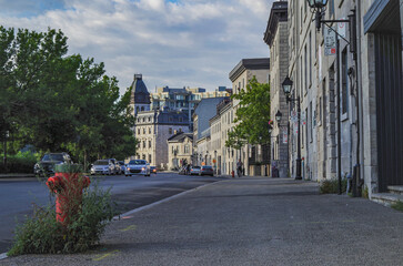 Pedestrian zone with shops, restaurants, city hall and historic architecture in downtown Montréal,...