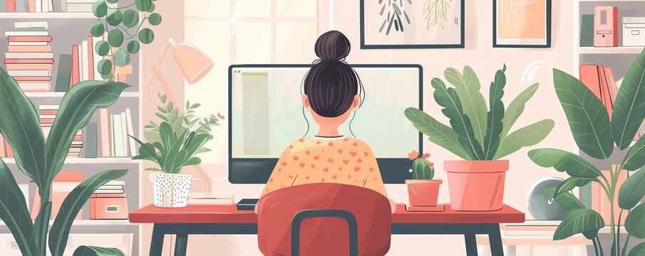 Child attending virtual classes on a computer or tablet in a cute flat design, minimalist nursery art, pastel colors, vector illustration, high resolution, 8k