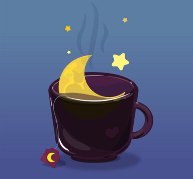 t&egrave; de luna en taza de vidrio color vinotinto con una luna amarila