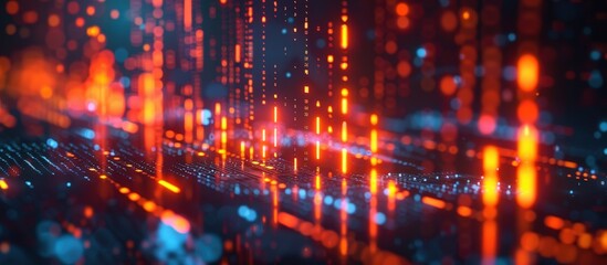 Abstract image of a futuristic digital data stream with glowing orange and blue lights, representing cyber technology and data flow.