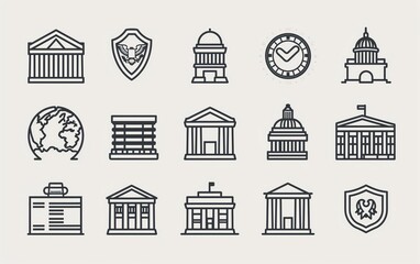 Set of government icons, minimalist line art style, vector illustration, governance concept