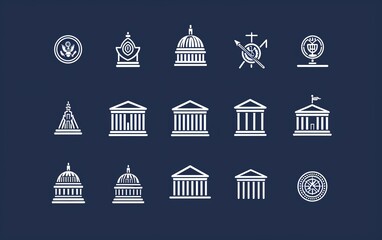 Government icons collection, minimalist line art style, vector illustration, various governmental symbols