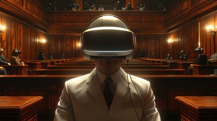 Businessman wearing a virtual reality headset in a futuristic courtroom with wooden interior, surrounded by an audience.