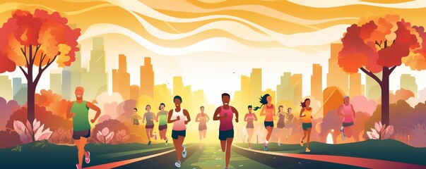 Fall charity run, participants racing for a cause, flat design illustration