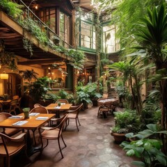 Obraz premium terrace of modern resort with tables for breakfast lunch with greenery , generated by AI. High quality photo