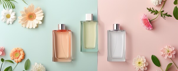 Elegant perfume bottles on a colorful background with exotic flowers, showcasing sophistication, copy space