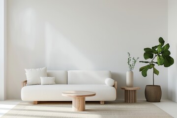 lounge with sparse furnishings, organic elements, and sunlight creating leafy silhouettes, enhancing the refined, minimal aesthetic