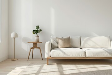Elegant living room with a minimalist aesthetic, stylish furniture, and natural sunlight casting botanical shadows, creating a serene ambiance
