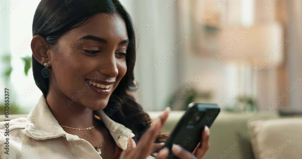 Poster indian woman, phone and scroll on sofa at home, reading and typing on mobile application in lounge. 