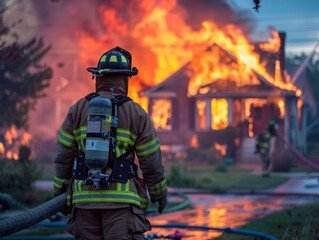 Naklejka premium firefighter doing their job with burning house at background - ai