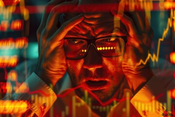 A stressed businessman surrounded by volatile stock market data, with concern and worry reflected on his face during economic turmoil.