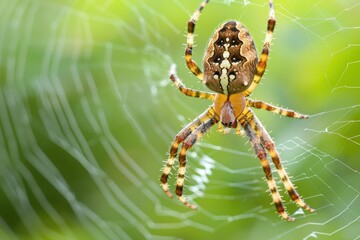 Close-up of a spider on its web with a green background. Details of the spider's markings and web are clearly visible.