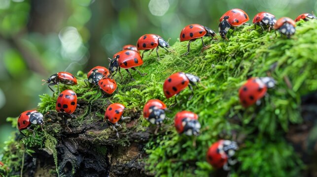 A Swarm of Bright Red Ladybugs Crawling Over a Mossy Log with Textural Pattern
