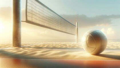 Sunlit beach volleyball court with an empty net and volleyball, highlighting summer sports and leisure activities at sunrise or sunset.