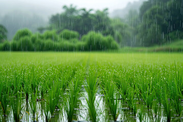 green rice field with rain