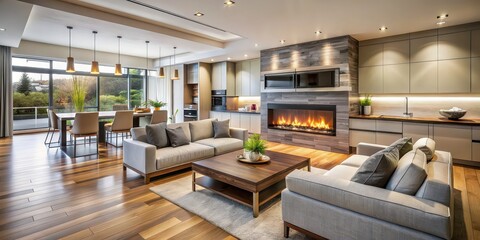 Modern living room with a cozy fireplace and sleek kitchen in the background, modern, living room, fireplace
