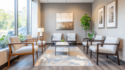 Fototapeta premium A comfortable and inviting waiting area in a modern clinic, with contemporary furniture and calming decor