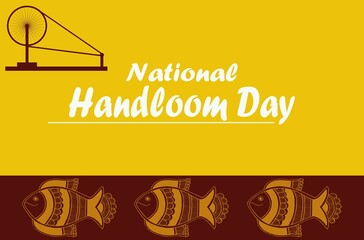Beautiful banner and poster of National Handloom Day . white text on yellow background, small charkha vector on the corner, silk saree border design on the bottom. copy space