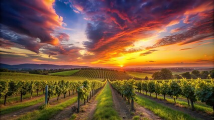 Naklejka premium Sunset over vineyard with colorful sky in background, sunset, vineyard, colorful, sky, clouds, landscape, nature, dusk