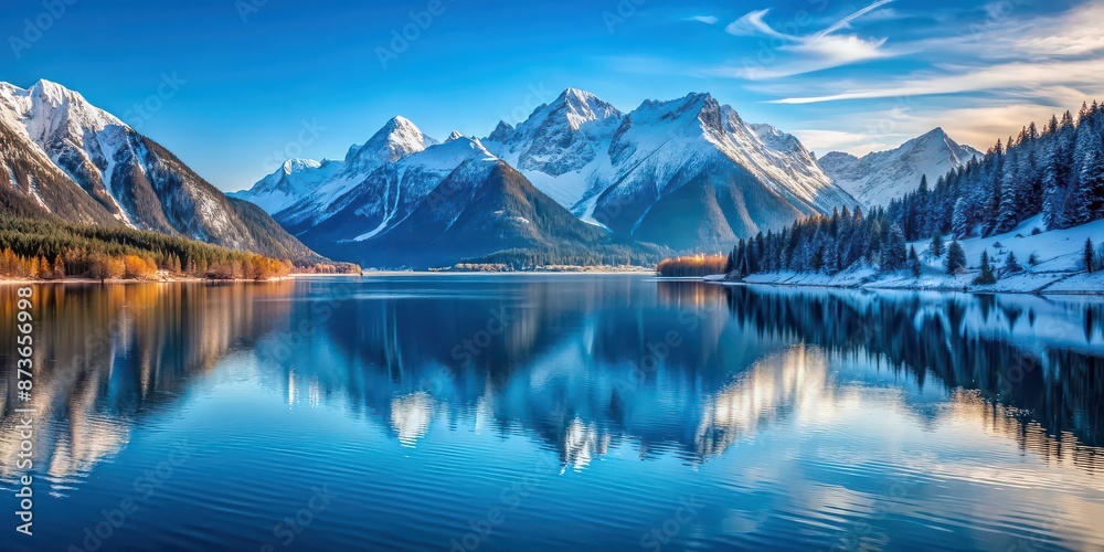 Poster Snow capped mountains towering over a tranquil blue lake in a stunning winter landscape , Winter, Snow, Mountains, Lake