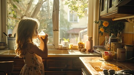 Curious Child Sipping Milk in Bright Airy Vintage Style Kitchen with Wooden Accents and Neighborhood View