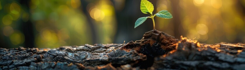 A young green plant sprouting from a tree trunk in a forest, illuminated by warm sunlight filtering through the trees.