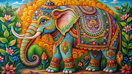 Fototapeta premium Thai style elephant painting showing intricate details and vibrant colors, elephant, Thai style, painting, art