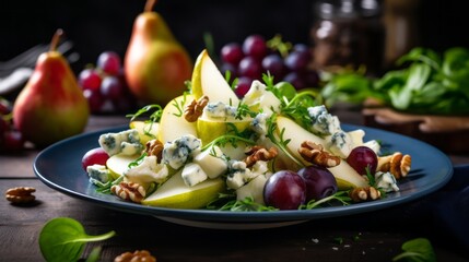 Fresh pears and blue cheese salad with green vegetable mix, walnuts, and red grapes - healthy gourmet dish for nutritious eating and culinary delight.



