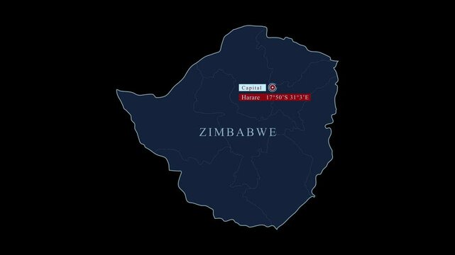 Zimbabwe blue map with Harare capital city and geographic coordinates on black background. Motion graphic Vfx