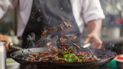 Fototapeta premium Chef Stir-Frying Edible Insects with Fresh Greens in Hot Wok