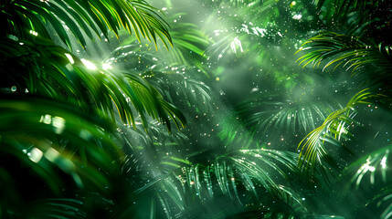 Obraz premium A lush green jungle with sunlight shining through the leaves. Concept of tranquility and serenity, as the natural beauty of the jungle is highlighted by the sunlight