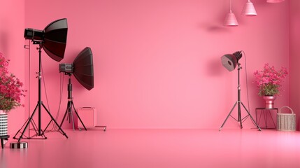 Photography studio with pink background and lighting equipment