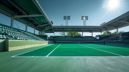 Obraz premium Elegant tennis court with green surface and empty stands, offering ample copy space for text, suitable for seasonal sports themes.