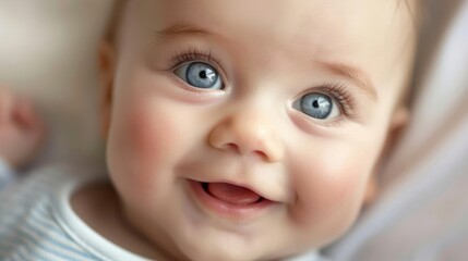 A closeup of a smiling babys face with big blue eyes and rosy cheeks