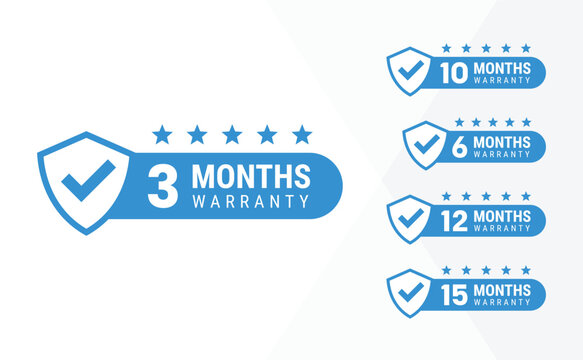 Minimalist Vector warranty shield with checklist label icon set. Number of months 3, 10, 6, 12, 15. vector eps